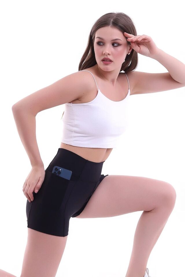 Kadın Sıkıştırıcılı Cepli Korse Kumaş Taytlı Şort XL - SİYAH