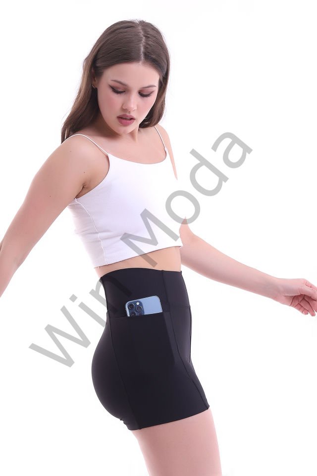 KADIN CEPLİ TAYT ŞORT  KORSE KUMAŞ SIKILAŞTIRICI ŞORT TAYT /SPORTS TIGHTS SHORTS XXL - SİYAH
