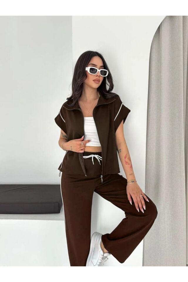 Kadın Modal Kumaş Biyeli Fermuarlı Yelek Takım Bol Paça Modern İkili Takım Günlük Şık Rahat Kombin XL - KAHVE
