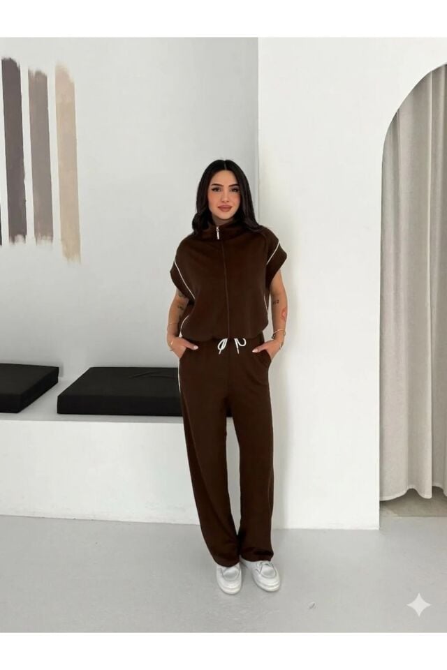 Kadın Modal Kumaş Biyeli Fermuarlı Yelek Takım Bol Paça Modern İkili Takım Günlük Şık Rahat Kombin XL - KAHVE