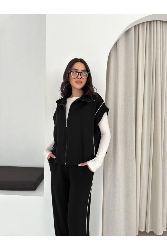 Kadın Modal Kumaş Biyeli Fermuarlı Yelek Takım Bol Paça Modern İkili Takım Günlük Şık Rahat Kombin XL - SİYAH
