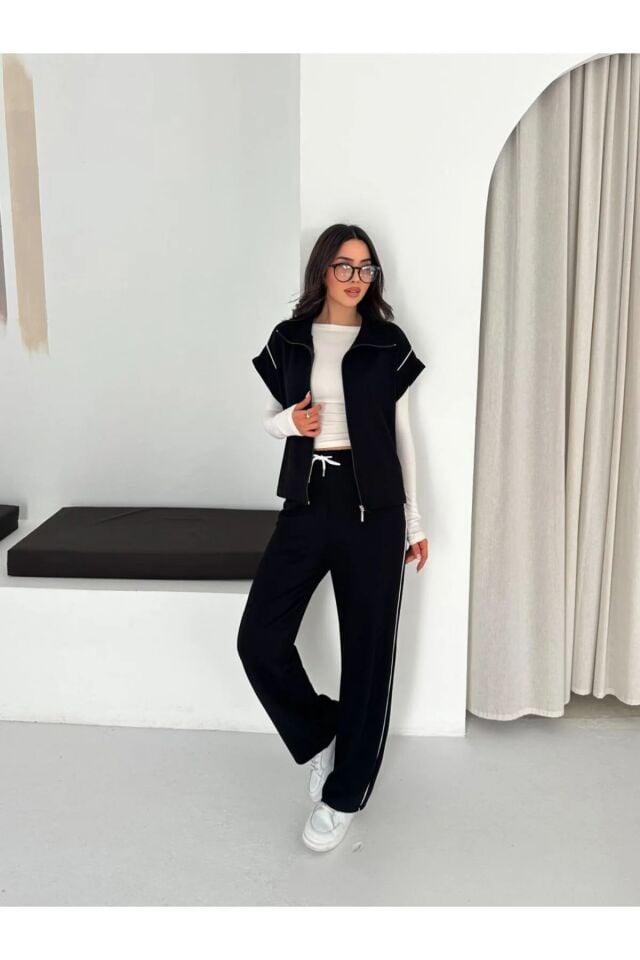 Kadın Modal Kumaş Biyeli Fermuarlı Yelek Takım Bol Paça Modern İkili Takım Günlük Şık Rahat Kombin XL - SİYAH