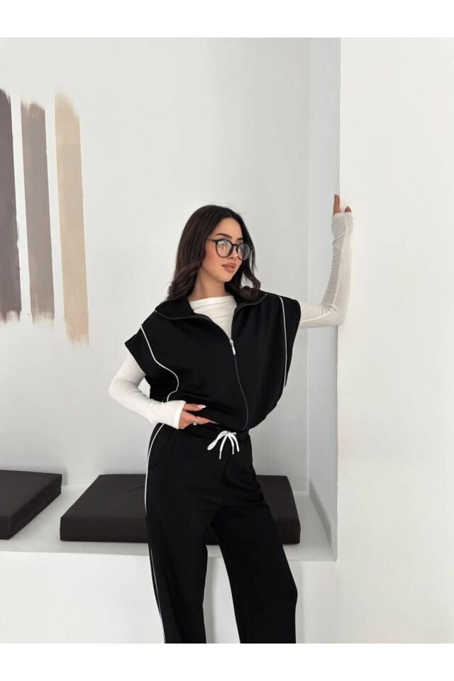 Kadın Modal Kumaş Biyeli Fermuarlı Yelek Takım Bol Paça Modern İkili Takım Günlük Şık Rahat Kombin XL - SİYAH