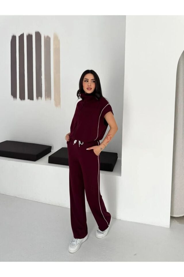 Kadın Modal Kumaş Biyeli Fermuarlı Yelek Takım Bol Paça Modern İkili Takım Günlük Şık Rahat Kombin XL - BORDO