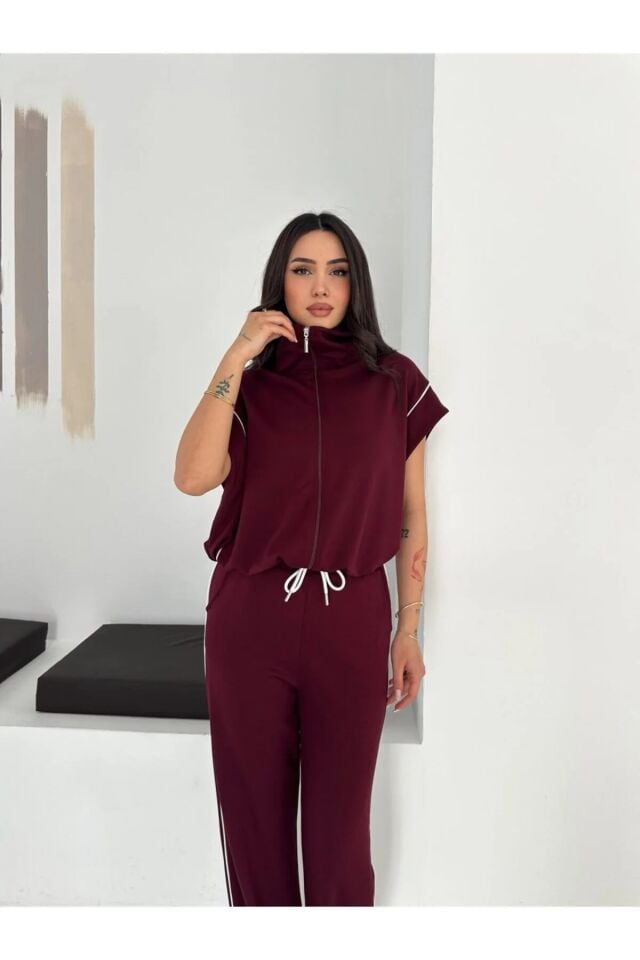 Kadın Modal Kumaş Biyeli Fermuarlı Yelek Takım Bol Paça Modern İkili Takım Günlük Şık Rahat Kombin XL - BORDO