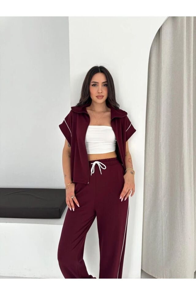 Kadın Modal Kumaş Biyeli Fermuarlı Yelek Takım Bol Paça Modern İkili Takım Günlük Şık Rahat Kombin XL - BORDO