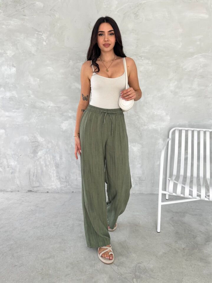 KADIN KETEN PANTOLON - ESKİTME KETEN KUMAŞ - KETEN XL - YEŞİL