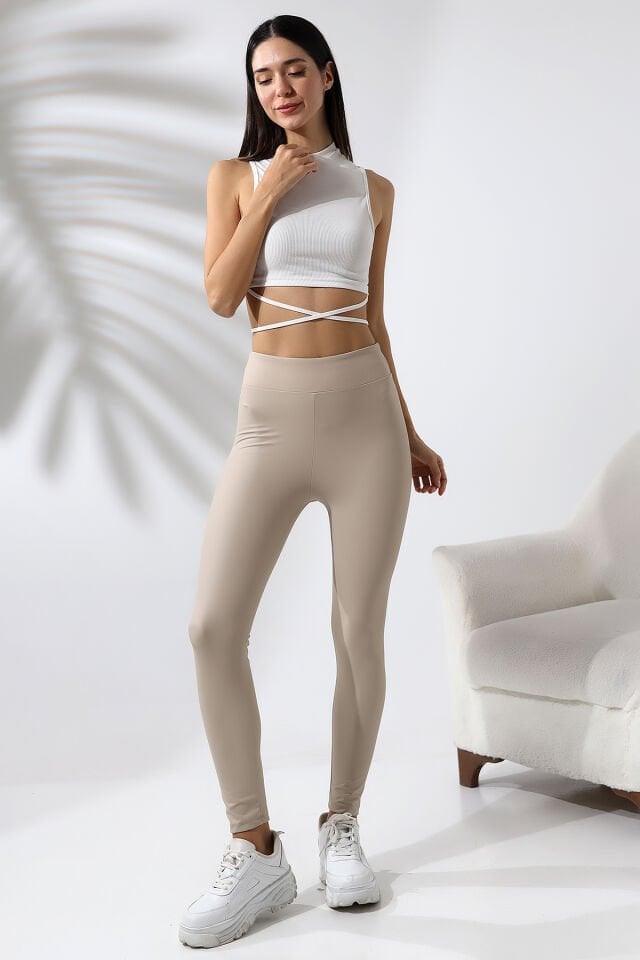 Yüksek Bel Mat Deri Tayt XL - EKRU