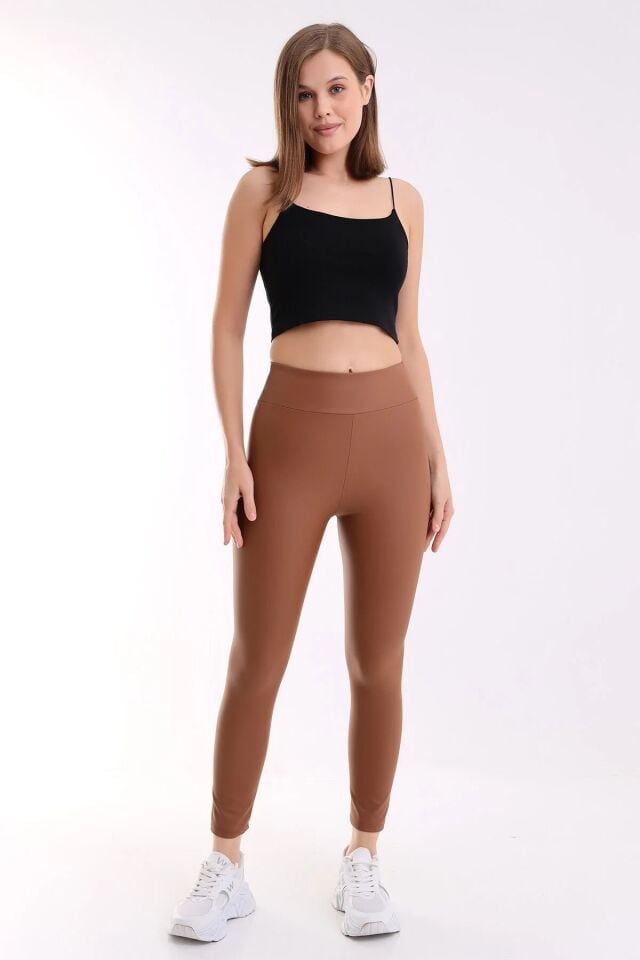 Yüksek Bel Mat Deri Tayt S - KAHVERENGİ