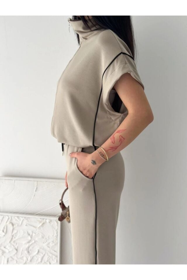Kadın Modal Kumaş Biyeli Fermuarlı Yelek Takım Bol Paça Modern İkili Takım Günlük Şık Rahat Kombin XL - BEJ