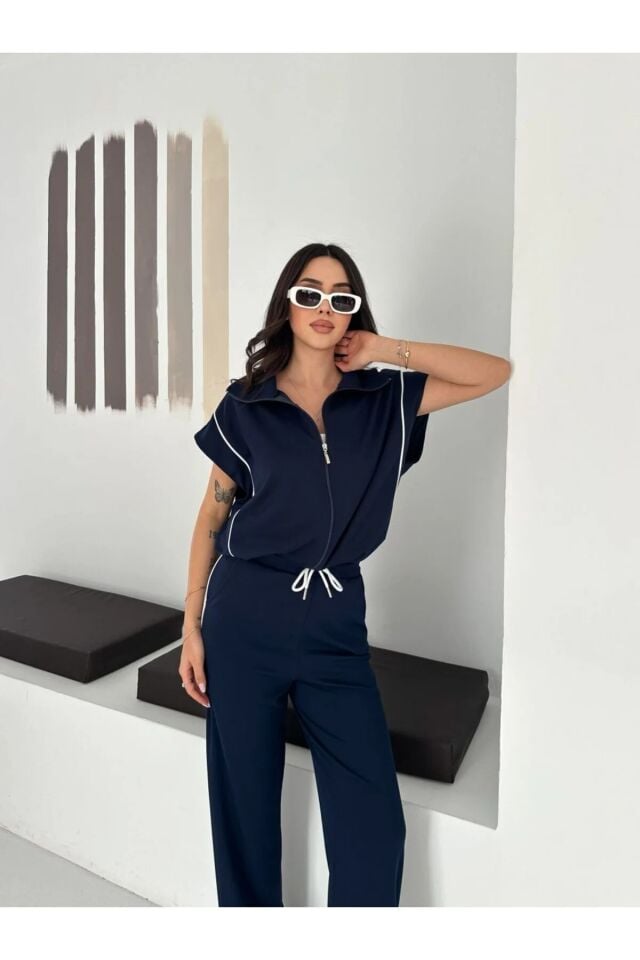 Kadın Modal Kumaş Biyeli Fermuarlı Yelek Takım Bol Paça Modern İkili Takım Günlük Şık Rahat Kombin XL - LACİVERT