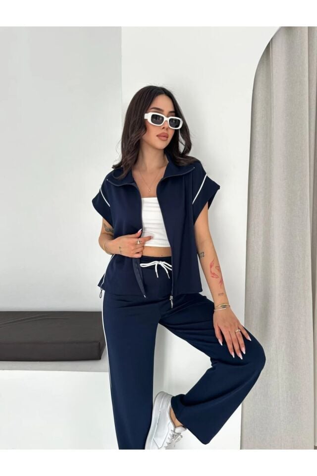 Kadın Modal Kumaş Biyeli Fermuarlı Yelek Takım Bol Paça Modern İkili Takım Günlük Şık Rahat Kombin XL - LACİVERT