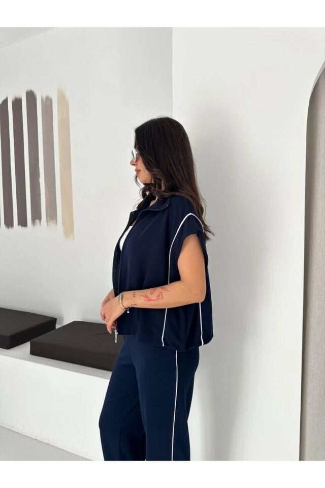 Kadın Modal Kumaş Biyeli Fermuarlı Yelek Takım Bol Paça Modern İkili Takım Günlük Şık Rahat Kombin XL - LACİVERT