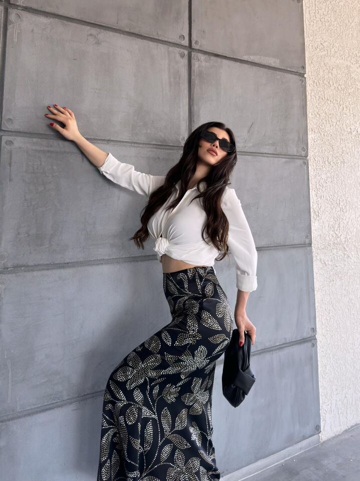 Kadın Uzun Desenli Saten Etek L - KOD-24