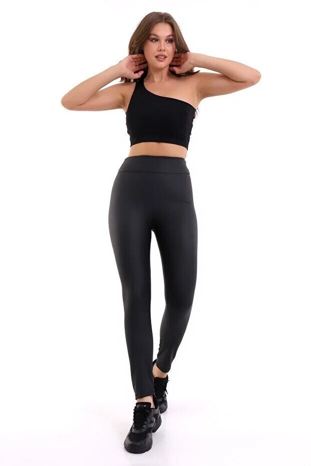 Yüksek Bel Mat Deri Tayt XL - SİYAH