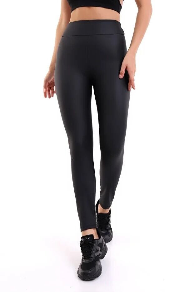 Yüksek Bel Mat Deri Tayt XL - SİYAH