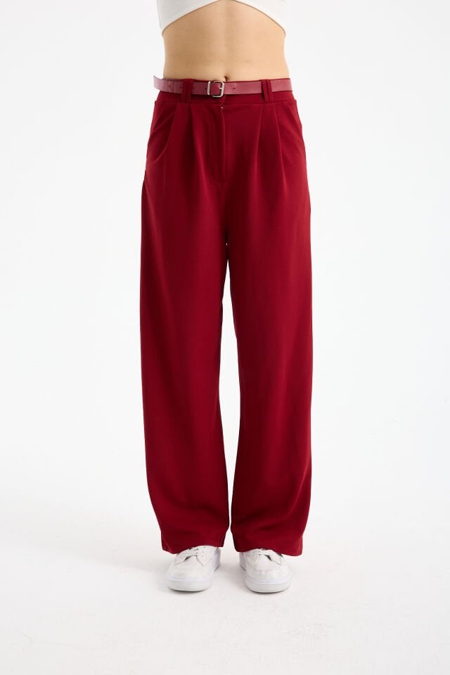 Kadın Esnek Ön Kemerli Ağaç Kabuğu Kumaş Pantolon XL - BORDO