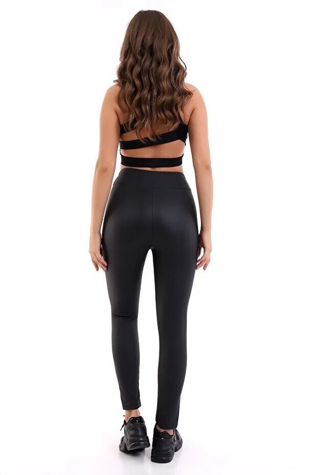 Yüksek Bel Mat Deri Tayt XL - SİYAH