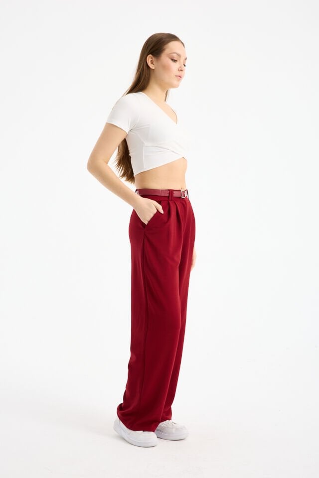 Kadın Esnek Ön Kemerli Ağaç Kabuğu Kumaş Pantolon XL - BORDO