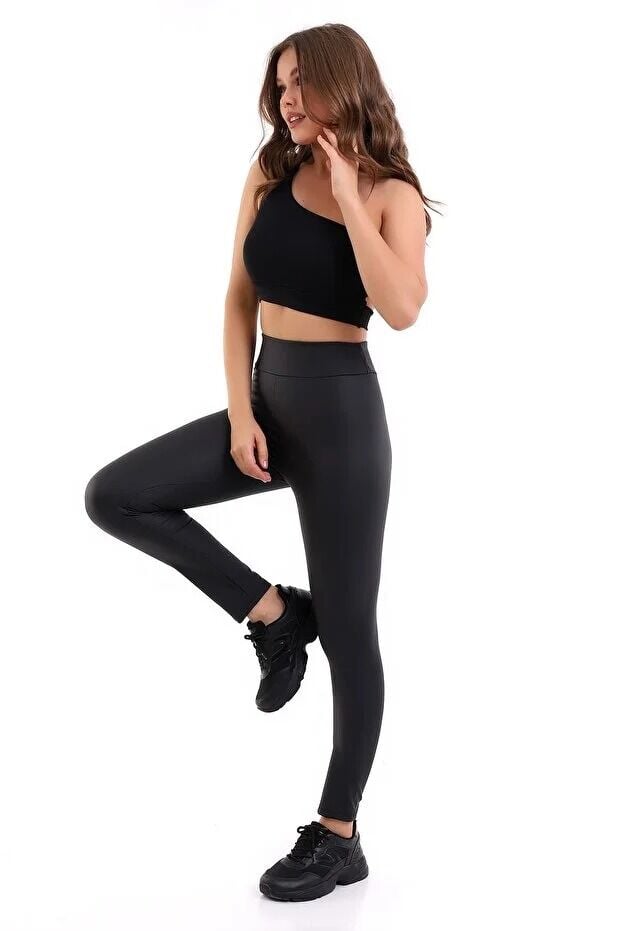 Yüksek Bel Mat Deri Tayt XL - SİYAH