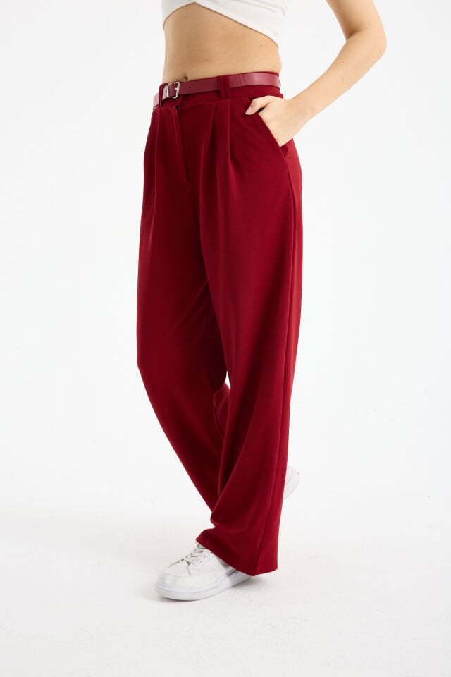 Kadın Esnek Ön Kemerli Ağaç Kabuğu Kumaş Pantolon XL - BORDO