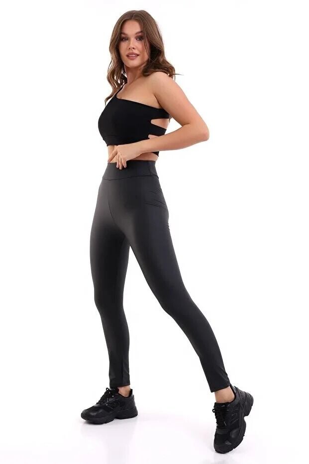 Yüksek Bel Mat Deri Tayt XL - SİYAH