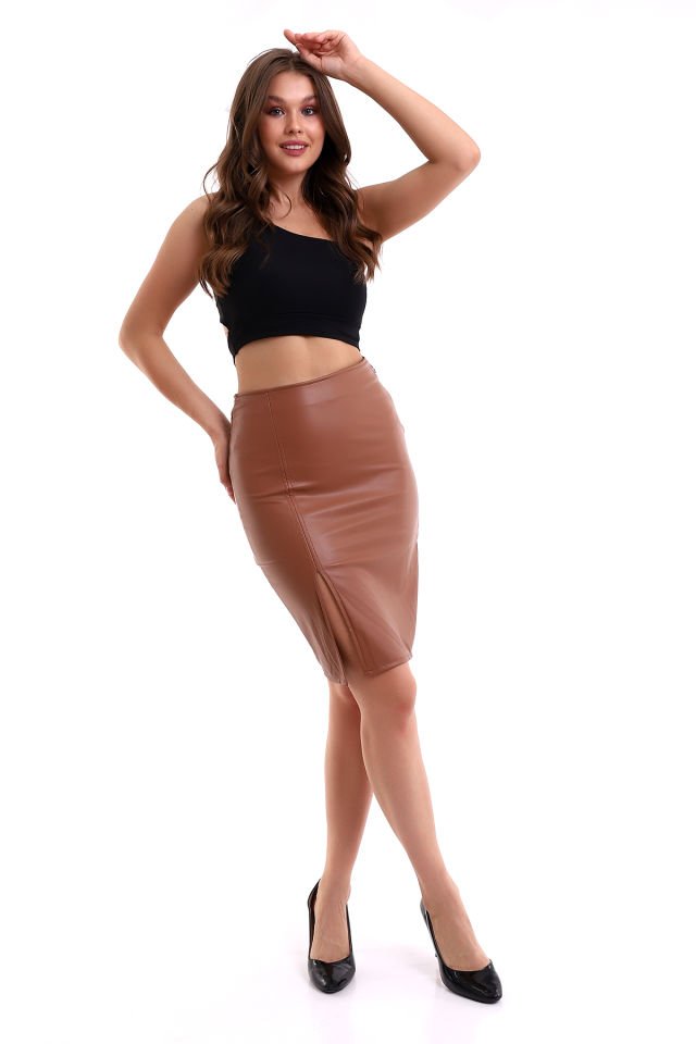 SUNİ DERİ ETEK ÖN YIRTMAÇLI TABA - XL