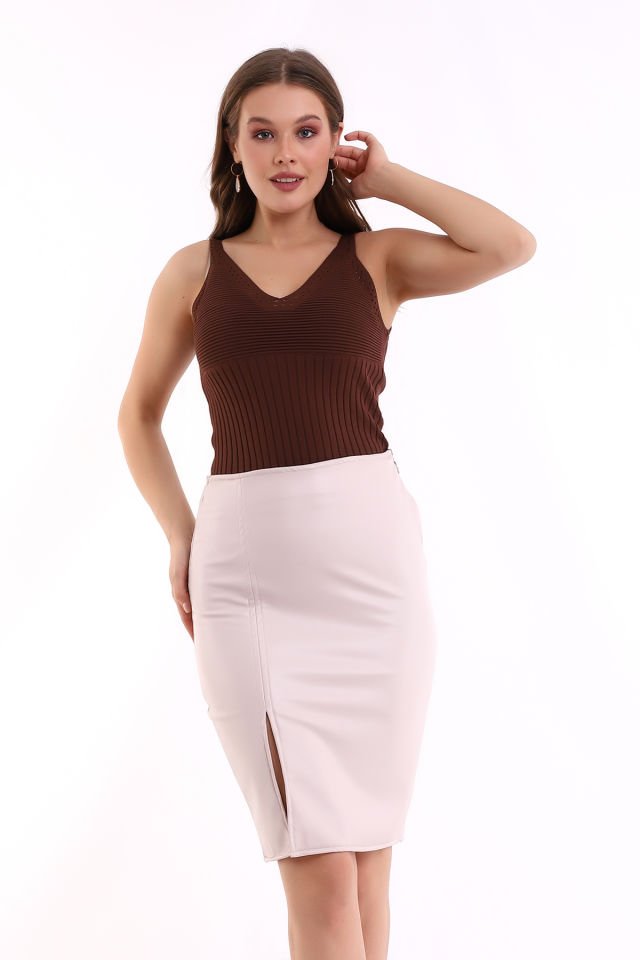 Kadın Ön Yırtmaçlı Suni Deri Etek EKRU - XL