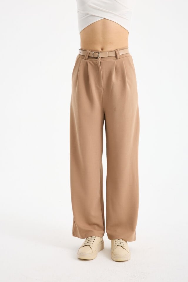 Kadın Esnek Ön Kemerli Ağaç Kabuğu Kumaş Pantolon XL - BEJ