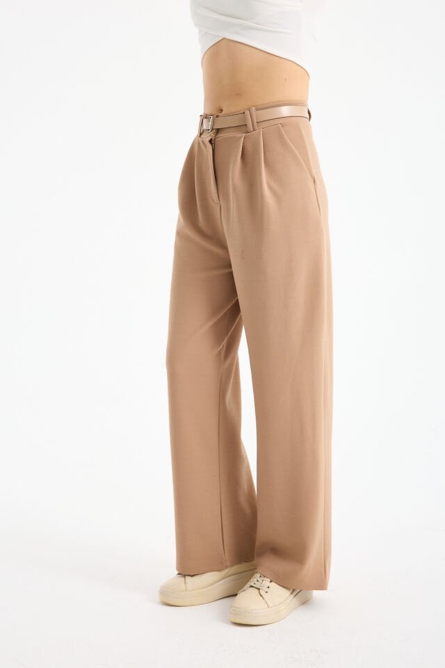 Kadın Esnek Ön Kemerli Ağaç Kabuğu Kumaş Pantolon XL - BEJ