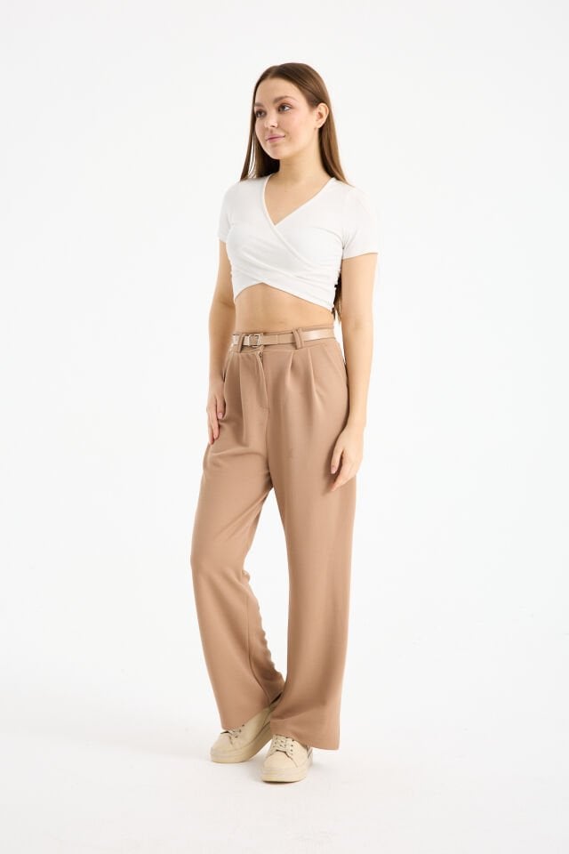 Kadın Esnek Ön Kemerli Ağaç Kabuğu Kumaş Pantolon XL - BEJ