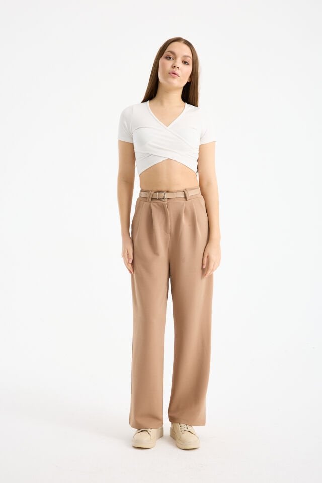 Kadın Esnek Ön Kemerli Ağaç Kabuğu Kumaş Pantolon XL - BEJ