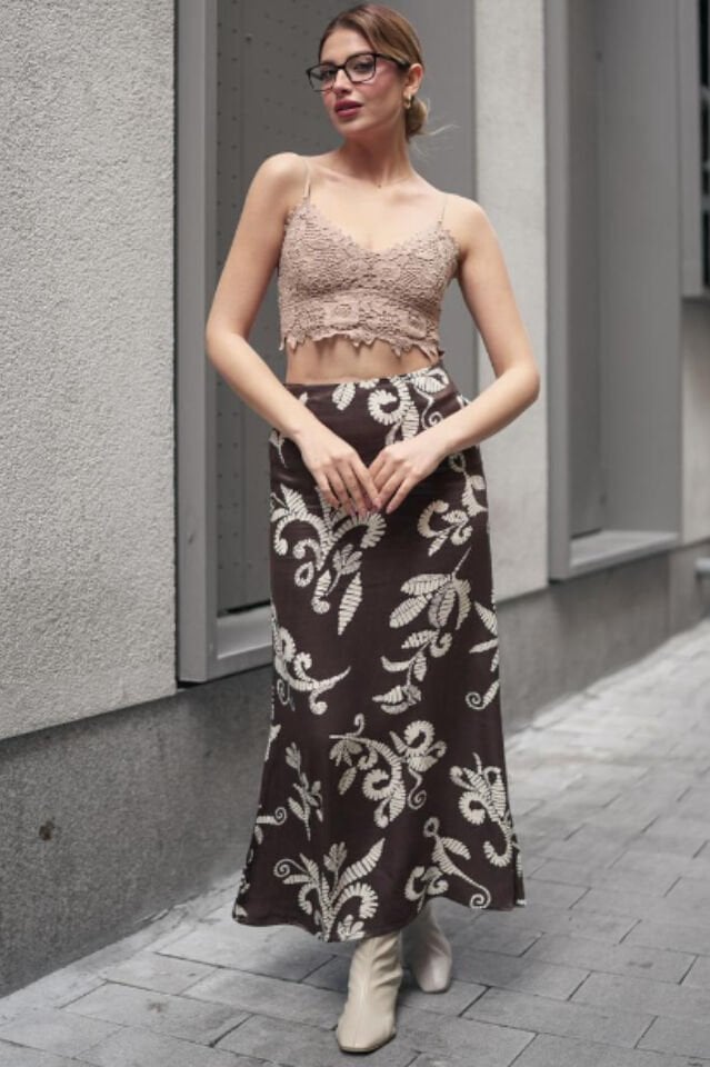 Kadın Uzun Desenli Saten Etek 3XL - KOD-18