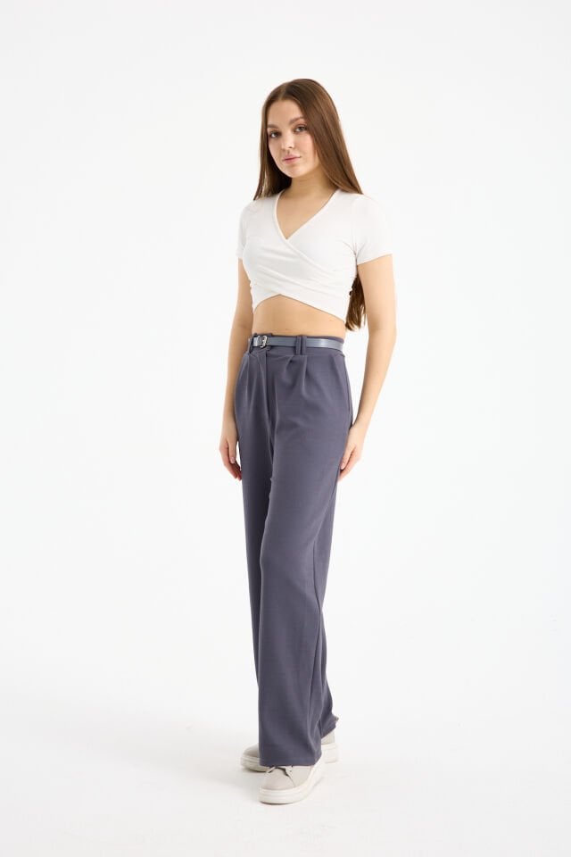 Kadın Esnek Ön Kemerli Ağaç Kabuğu Kumaş Pantolon 2461 XL - ANTRASİT KOYU GRİ