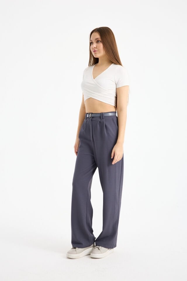 Kadın Esnek Ön Kemerli Ağaç Kabuğu Kumaş Pantolon 2461 XL - ANTRASİT KOYU GRİ