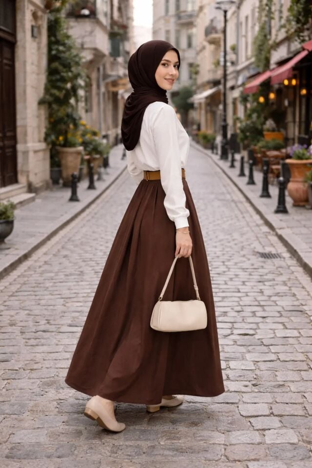 TESETTÜR ETEK-PİLEDEN KEMERLİ / DOKULU KUMAŞ MAXİ BOY ETEK 6242 XL - KAHVE