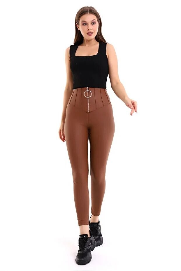 Halka Fermuar Detaylı Mat Suni Deri Tayt XL - KAHVERENGİ