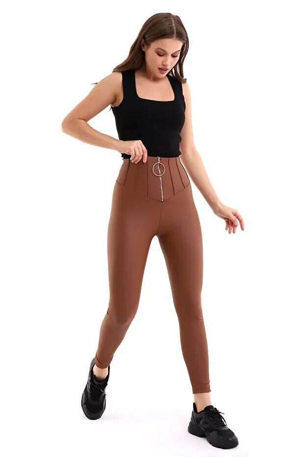 Halka Fermuar Detaylı Mat Suni Deri Tayt XL - KAHVERENGİ