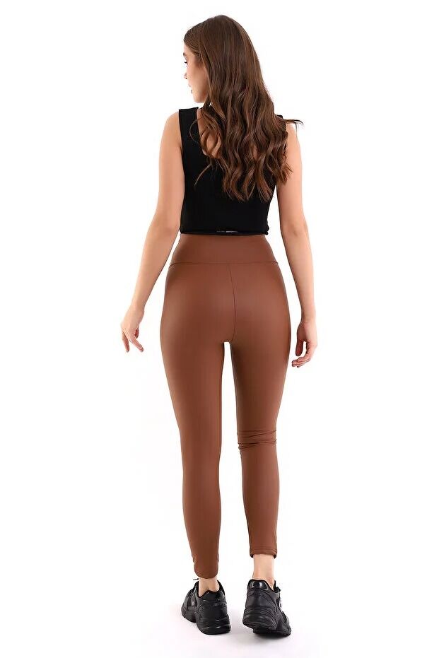 Halka Fermuar Detaylı Mat Suni Deri Tayt XL - KAHVERENGİ