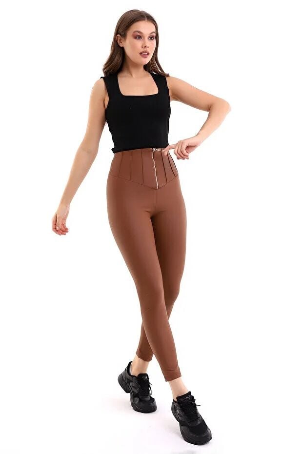 Halka Fermuar Detaylı Mat Suni Deri Tayt XL - KAHVERENGİ