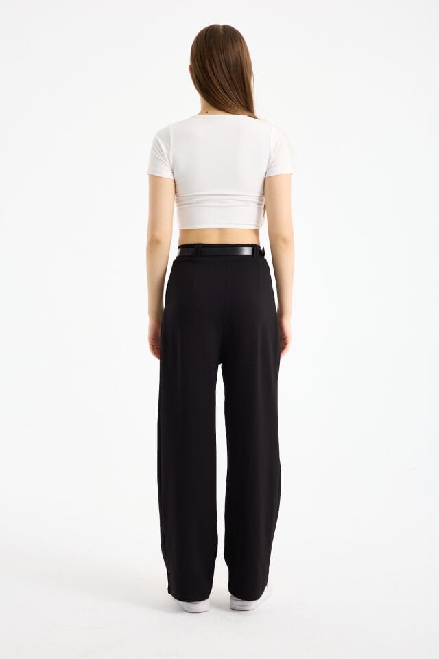 Kadın Esnek Ön Kemerli Ağaç Kabuğu Kumaş Pantolon 2461 S - SİYAH