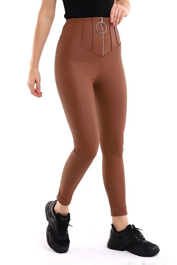 Halka Fermuar Detaylı Mat Suni Deri Tayt XL - KAHVERENGİ