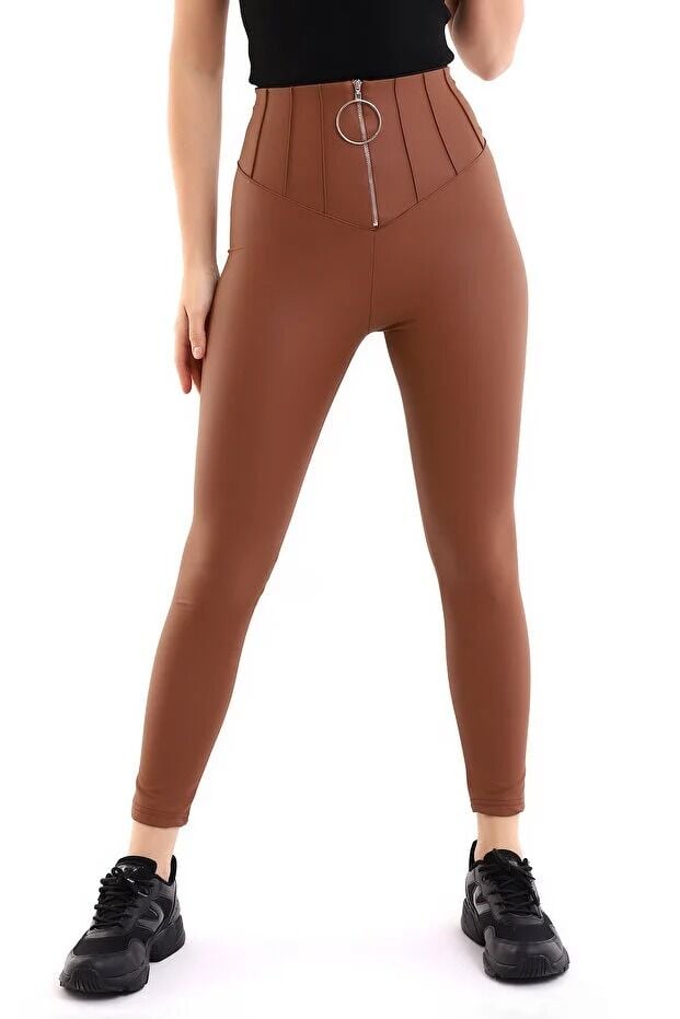 Halka Fermuar Detaylı Mat Suni Deri Tayt XL - KAHVERENGİ