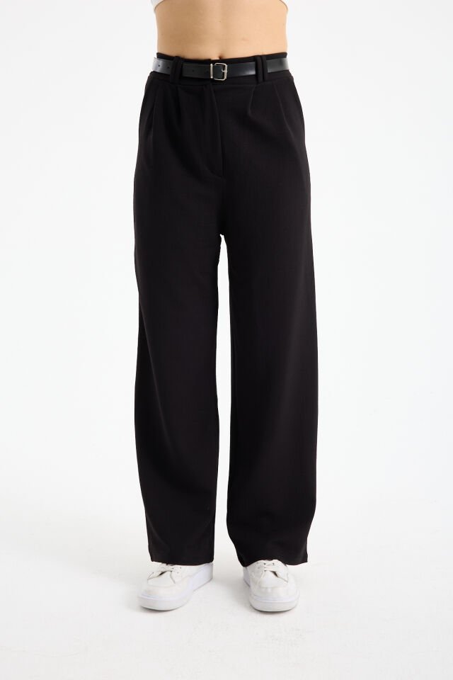 Kadın Esnek Ön Kemerli Ağaç Kabuğu Kumaş Pantolon 2461 M - SİYAH