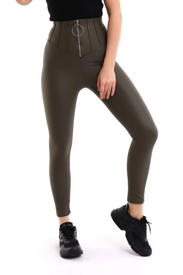 Halka Fermuar Detaylı Mat Suni Deri Tayt S - HAKİ