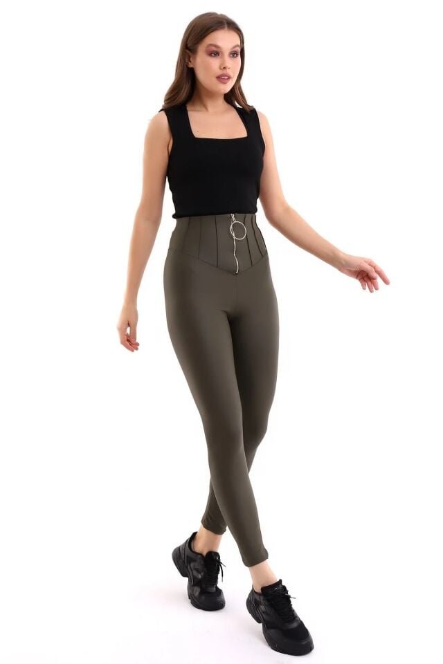 Halka Fermuar Detaylı Mat Suni Deri Tayt S - HAKİ