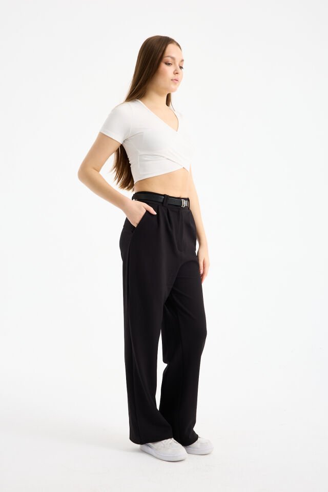 Kadın Esnek Ön Kemerli Ağaç Kabuğu Kumaş Pantolon 2461 M - SİYAH