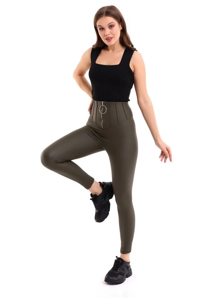 Halka Fermuar Detaylı Mat Suni Deri Tayt 2037 M - HAKİ