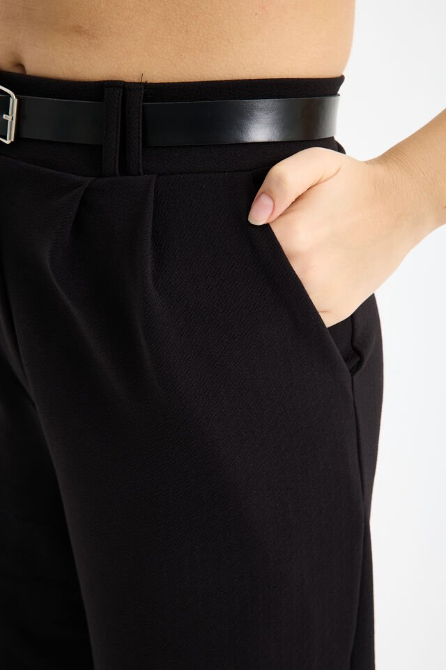 Kadın Esnek Ön Kemerli Ağaç Kabuğu Kumaş Pantolon 2461 XL - SİYAH