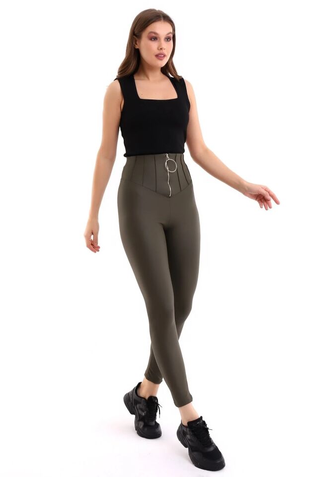 Halka Fermuar Detaylı Mat Suni Deri Tayt 2037 L - HAKİ